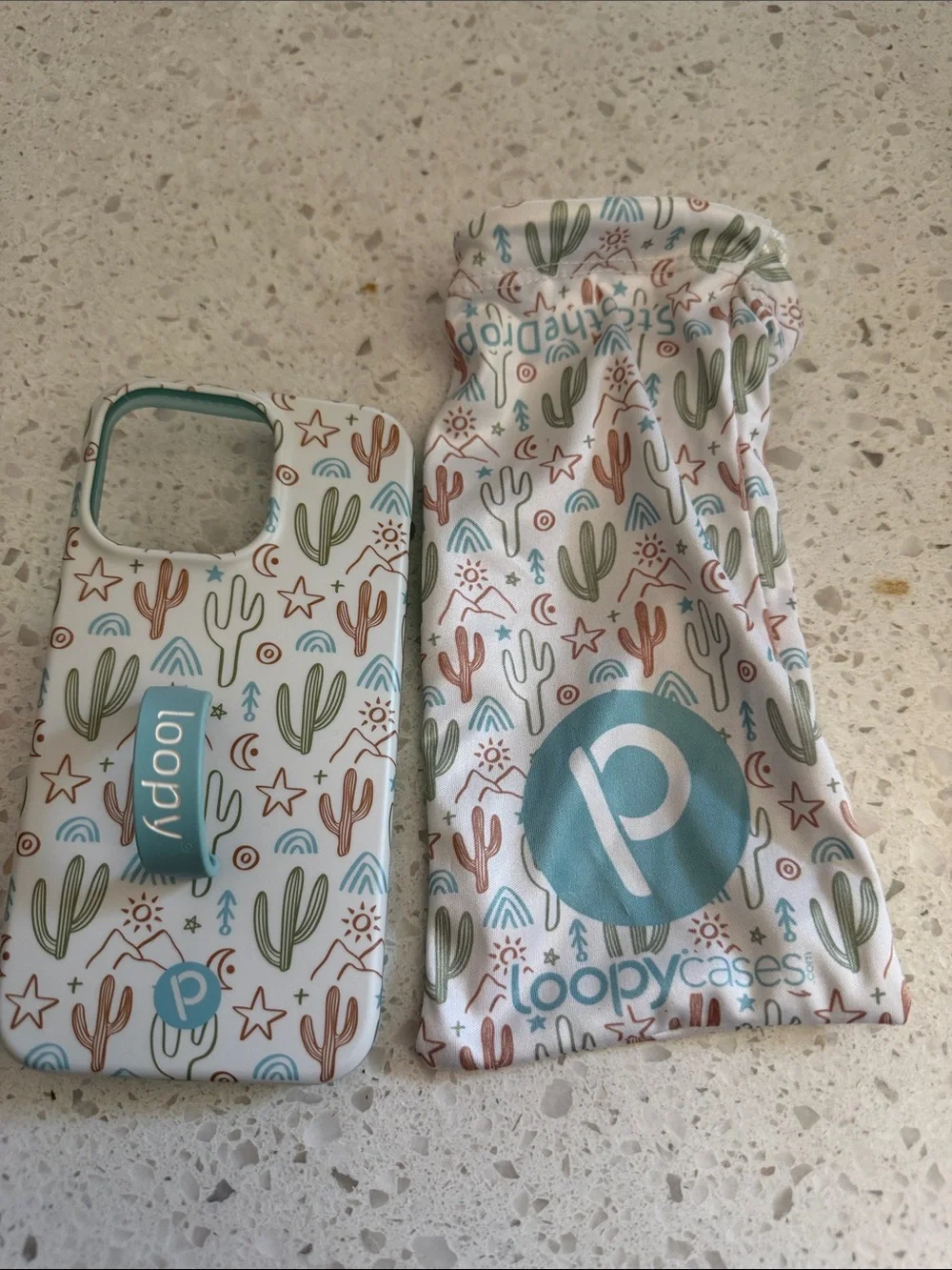 Loopy Case White Phone Case with Green and Brown Cactus Pattern and Teal Loop